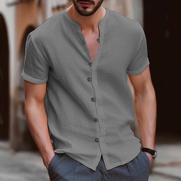 Men’s Stand Collar Henley V-Neck Shirt – Casual Summer Hawaiian Top 2025 in Solid White/Black
