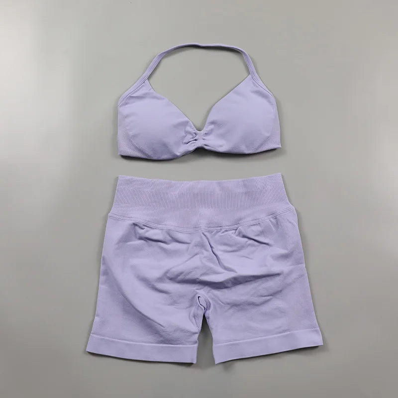 Ruched Seamless Yoga Set Women 2 Piece Halter Bra and Gym Shorts Outfit