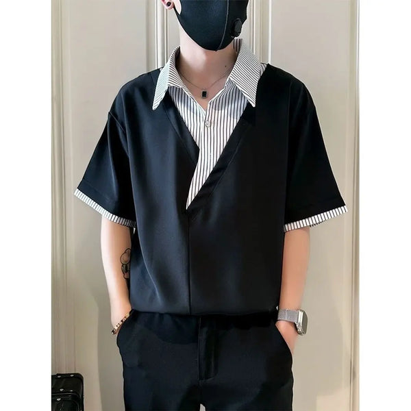 Fashion Patchwork Striped Short Sleeve Shirt Men Trendy