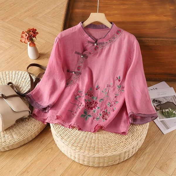Womens Vintage Embroidered Top Cotton Linen Loose Summer Shirt
