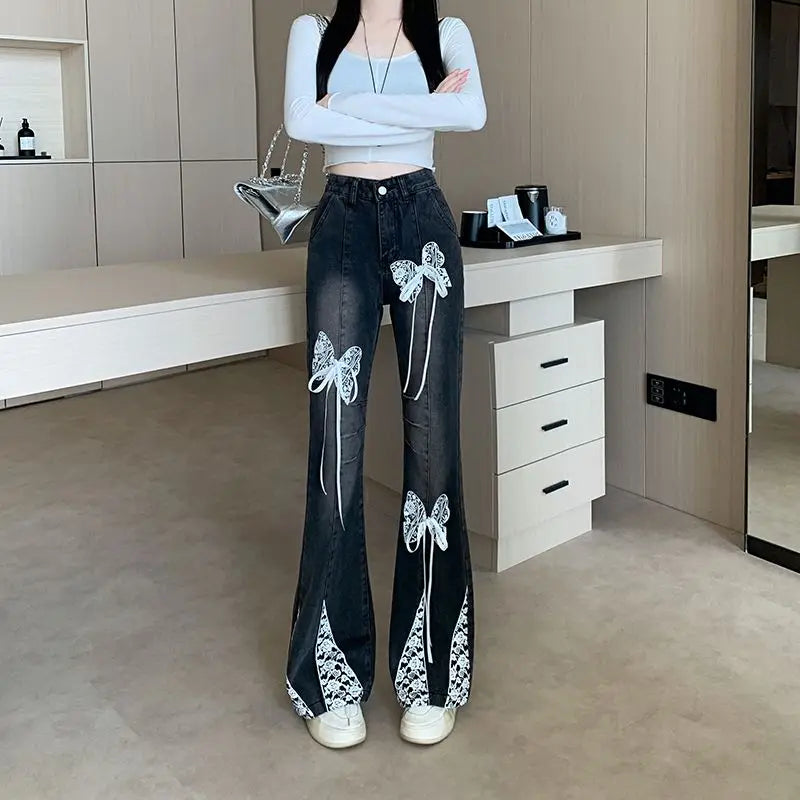 Women's Y2K Bow Lace Patchwork Harajuku Jeans