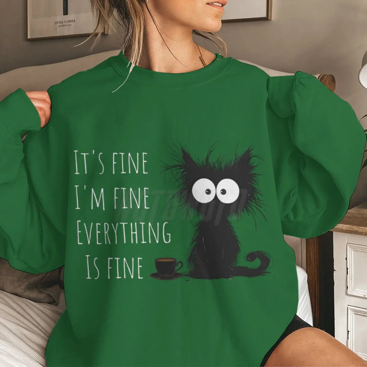 Funny Black Cat Hoodie ‘It’s Fine I’m Fine’ Kawaii Sweatshirt for Women