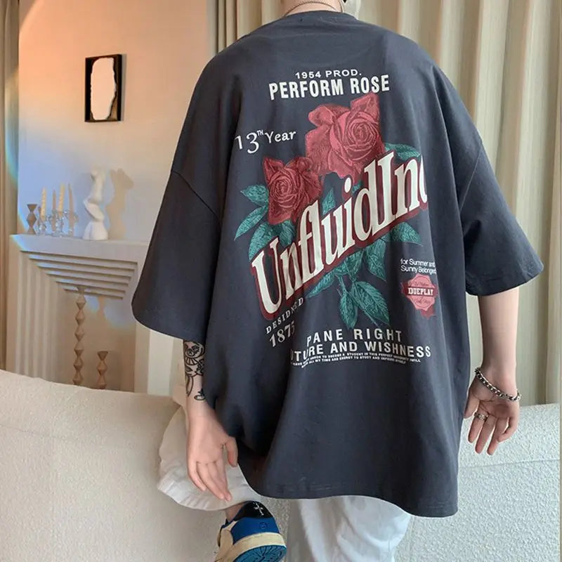 Men’s Hip-Hop Retro Rose Print T-Shirt Loose Harajuku Streetwear