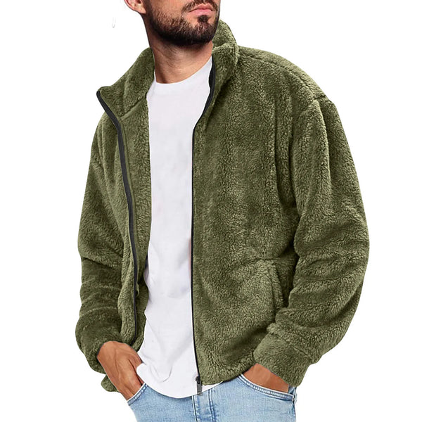 Men’s Fleece Stand Collar Jacket – Warm Full Zip Thermal Coat for Fall Winter