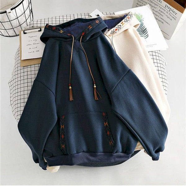 Hoodies Women Plush HoodedAesthetic Front Pocket Tassel Tie