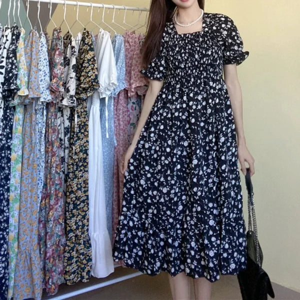 Spring Summer Elastic Waist Chiffon Dress Women Casual Pleated A-line