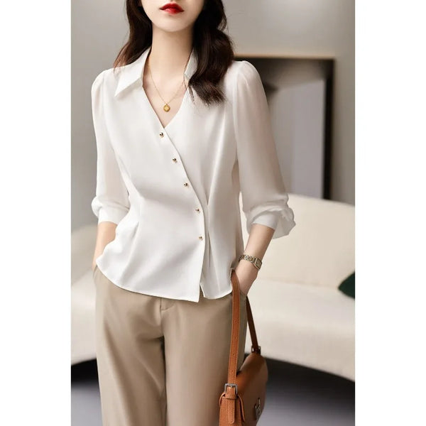 Womens Half Button Shirt Collar Long Sleeve Work Blouse Casual Top