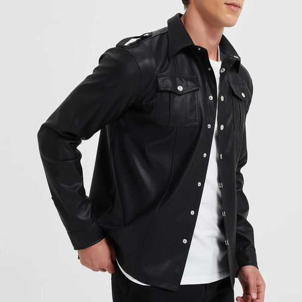 Mens PU Leather Shirt Long Sleeve Elastic Police Style Top