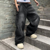Men Baggy Denim Pants Wide Leg High Waist Belt Casual Trousers