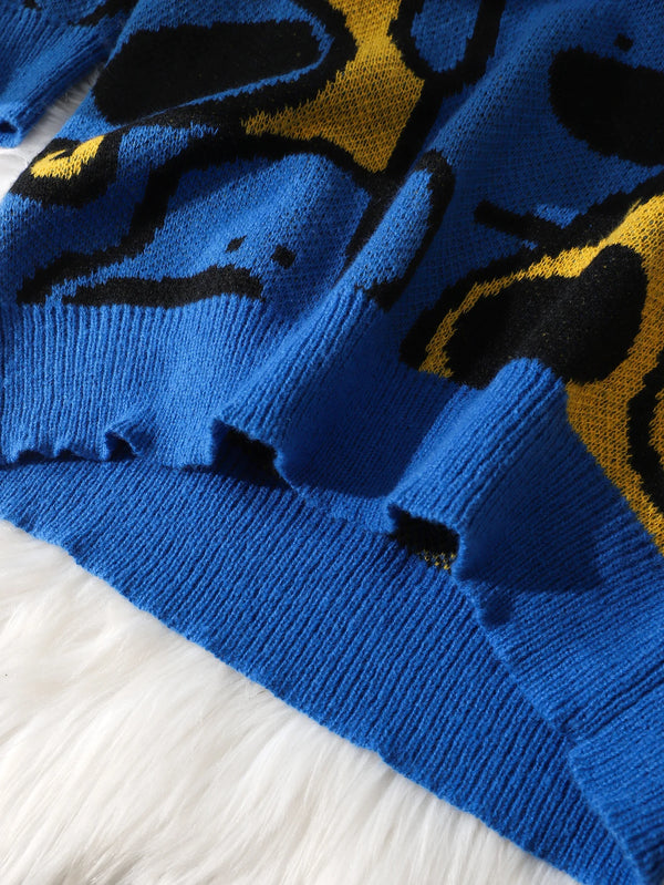 Mens Dog Print Sweater Crew Neck Double Sided Knit Pullover Casual