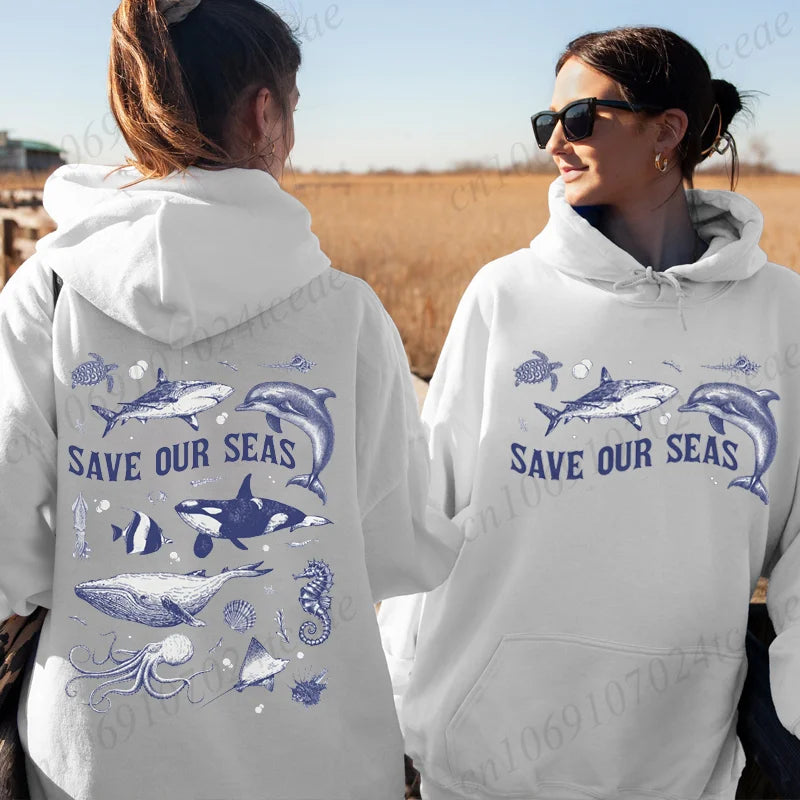 Women’s Save Our Seas Hoodie Ocean Life Beach Oversized Sweatshirt