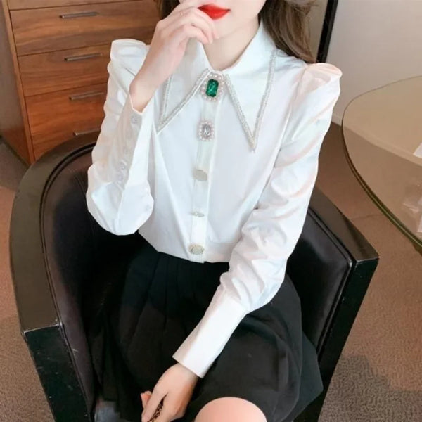 Polo Collar Shirt Women Diamond Button Long Sleeve Elegant Top