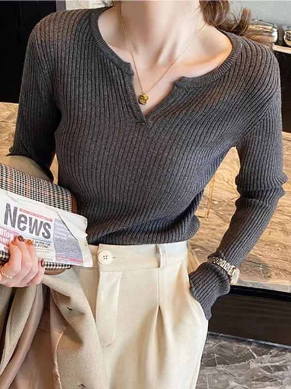 V Neck Sweater Women Knit Pullover Fall Winter Solid Color Top