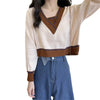 Women Color Block Sweater V Neck Layered Loose Knit Top Spring Fall