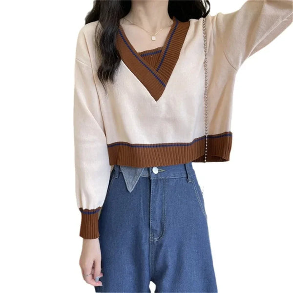Women Color Block Sweater V Neck Layered Loose Knit Top Spring Fall