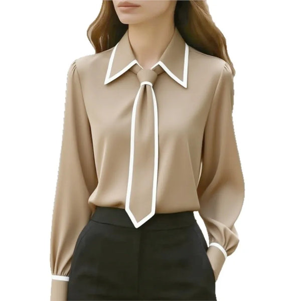 Bow Tie Blouse Women Long Sleeve Office Contrast Trim Work Shirt