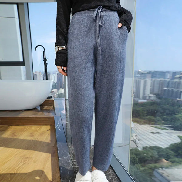 Thick Mink Cashmere Knitted Pants Women High Waisted Warm Winter