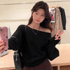 Womens One Shoulder Knit Sweater Lantern Sleeve Oversized Fit Top