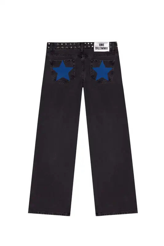 Y2K Black Baggy Jeans Women Star Sequin Rivet Washed Denim