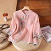 Womens Vintage Embroidered Top Cotton Linen Loose Summer Shirt