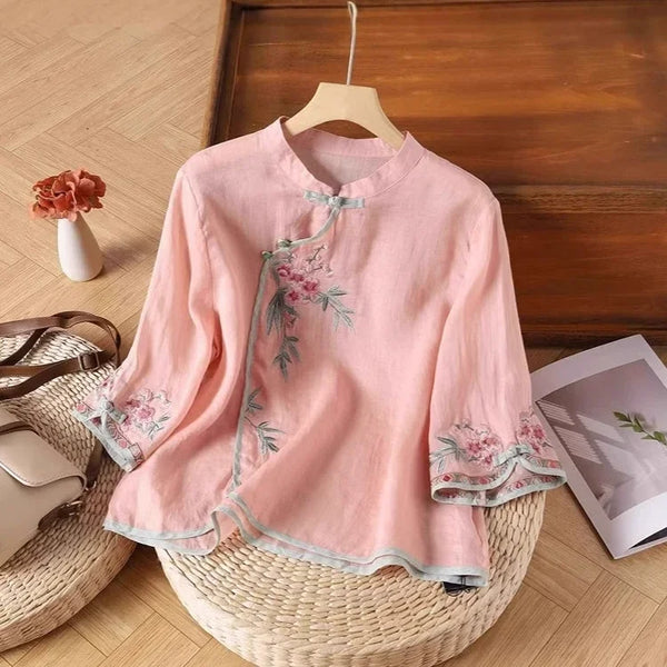 Womens Vintage Embroidered Top Cotton Linen Loose Summer Shirt