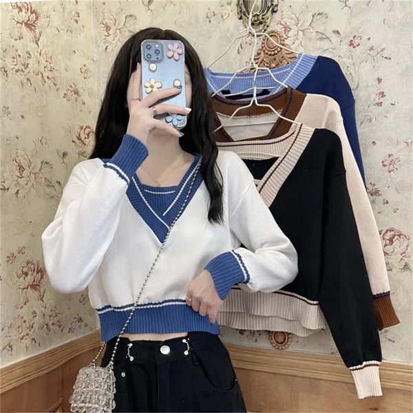 Women Color Block Sweater V Neck Layered Loose Knit Top Spring Fall