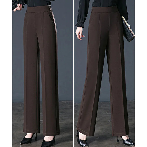 Womens High Waist Pants Elastic Straight Leg Casual Trousers Pockets