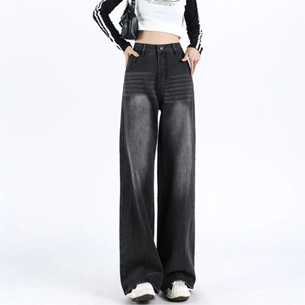 Y2K Black Wide Leg Jeans Women High Waist Fleece Lined Punk Style