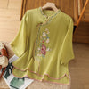 Womens Vintage Embroidered Top Cotton Linen Loose Summer Shirt