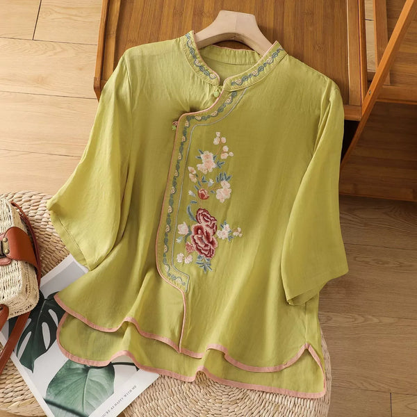 Womens Vintage Embroidered Top Cotton Linen Loose Summer Shirt