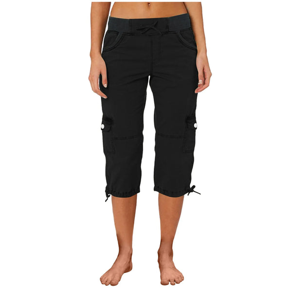 Women Cargo Capris Summer Soild Casual Pants With Pocket Drawstring
