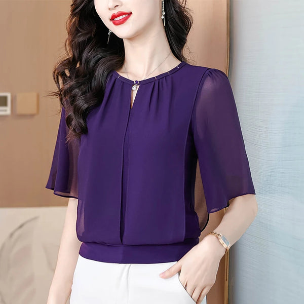 Half Sleeve Chiffon Blouse Women Loose Summer Pullover Top
