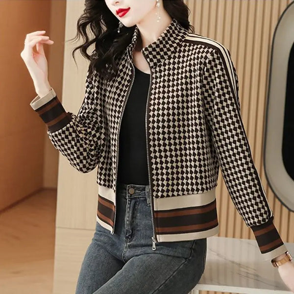 Plaid Patchwork Jacket Women Loose Fit Zipper Coat Spring Fall