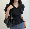 V Neck Lace Up Blouse Women Korean Slim Fit Office Summer Top