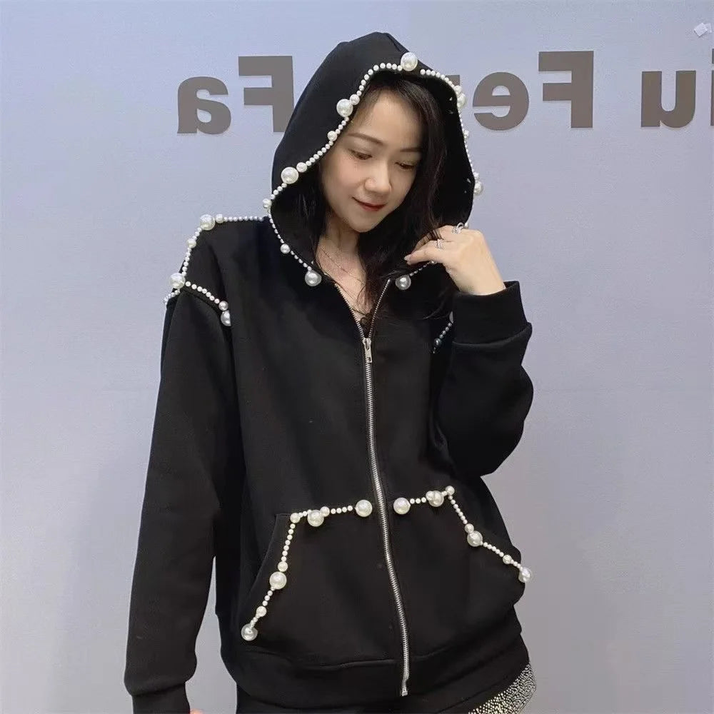 Autumn Women’s Gray Pearl Hoodie Coat Stylish Loose Fit Casual Cardigan