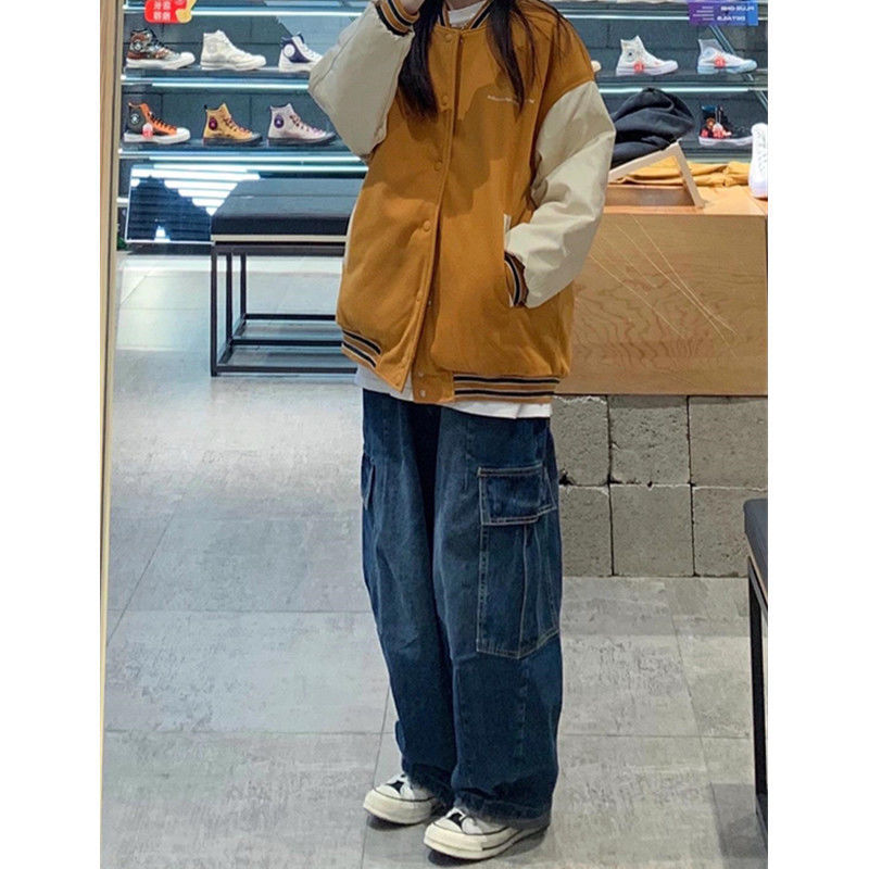 Women's Dark Blue Cargo Jeans - Loose High Waisted Straight Wide Leg Denim