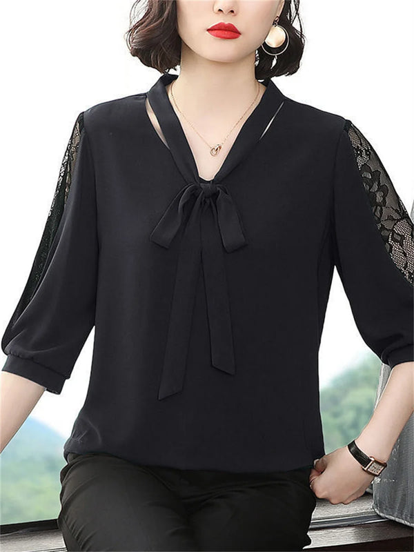 Bow Tie Collar Blouse Women Lace Sleeve Loose Spring Top