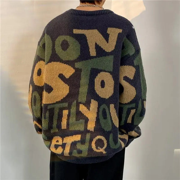 Mens Y2K Letter Print Knit Sweater Vintage Streetwear Pullover
