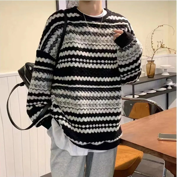 Womens Striped Knit Sweater Oversized Round Neck Pullover