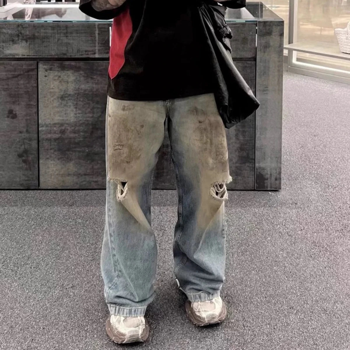 Distressed Mud-Dyed Men Baggy Jeans Vintage Streetwear