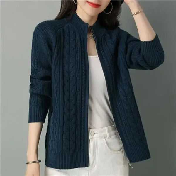Womens Zip Up Cardigan Mock Neck Chunky Knit Sweater Coat