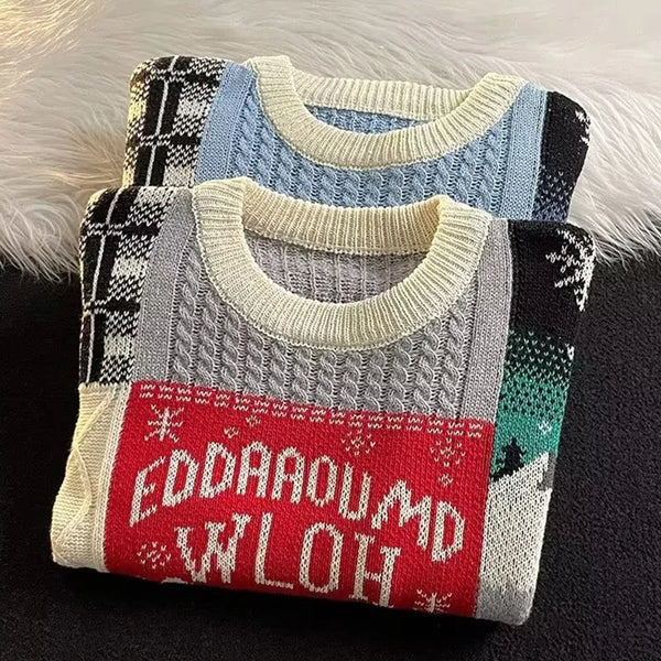 Mens Twist Jacquard Knit Sweater Vintage Pattern Crew Neck