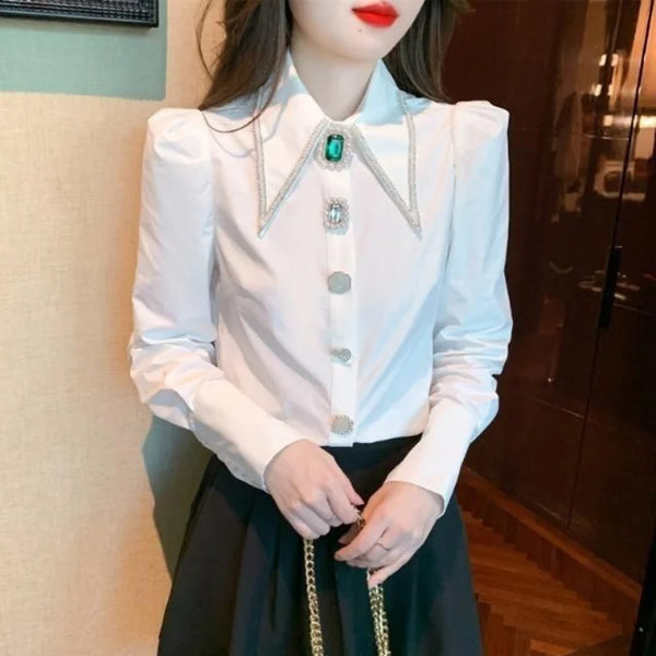 Polo Collar Shirt Women Diamond Button Long Sleeve Elegant Top