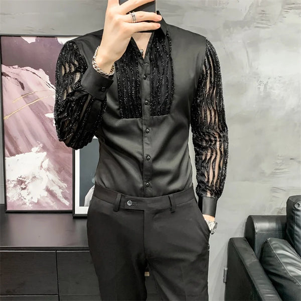 Mens Lace Hollow Shirt Long Sleeve Party Nightclub Stage Wear