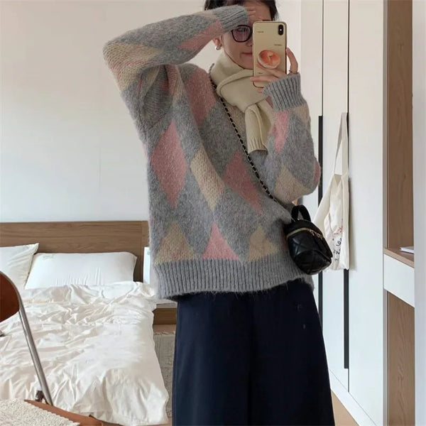 Womens Plaid Knit Cardigan Sweater Contrast Color Retro Warm Winter