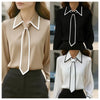 Bow Tie Blouse Women Long Sleeve Office Contrast Trim Work Shirt