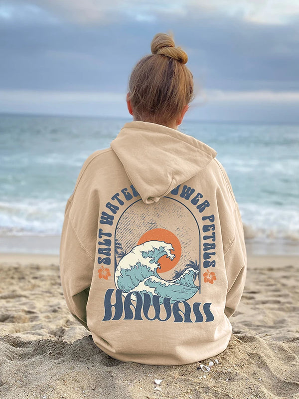 Hawaii Vintage Hoodies for Women Salt Water Flower Petals Print Trend