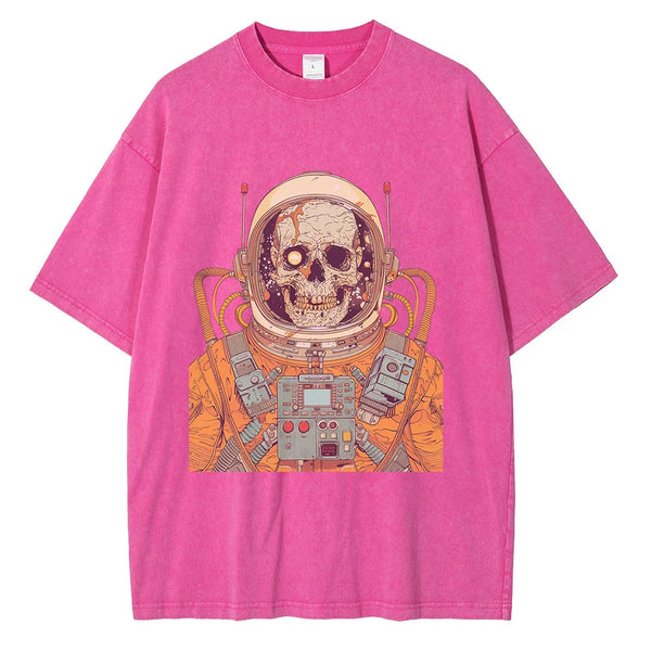 1970s Astronaut Skull Graphic T-shirt Retro Sci-Fi Print Casual Top