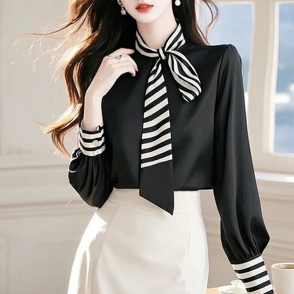 Womens Chiffon Blouse Bow Tie Long Sleeve Korean Office Loose Fit