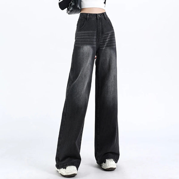 Y2K Black Wide Leg Jeans Women High Waist Fleece Lined Punk Style